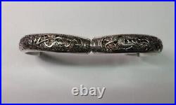 Antique Chinese Sterling Silver Hand Carved Dragon Hinged Bangle Bracelet