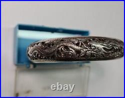 Antique Chinese Sterling Silver Hand Carved Dragon Hinged Bangle Bracelet