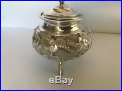 Antique Chinese Sterling Silver Master Salt Lid Footed Dragon Pearl Mustard Pot
