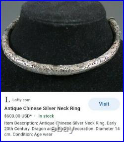 Antique Chinese Sterling Silver Neck Ring Collar Necklace Dragon Design