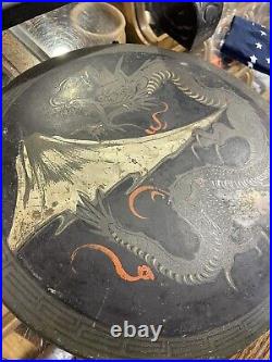 Antique Chinese Table Gong on Lacquered Base, Hand Painted Cloud Dragon on Gong
