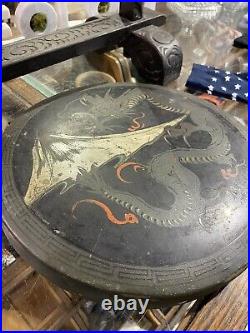 Antique Chinese Table Gong on Lacquered Base, Hand Painted Cloud Dragon on Gong