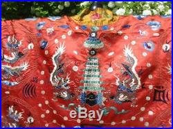 Antique Chinese Taoist Priest Opera Ching Dragon Waves Red Silk Robe