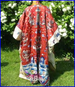 Antique Chinese Taoist Priest Opera Ching Dragon Waves Red Silk Robe