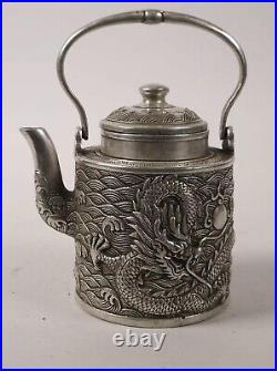 Antique Chinese Teapot Silvered Metal Qianlong Emperor Cylindrical Dragon Cover