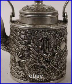 Antique Chinese Teapot Silvered Metal Qianlong Emperor Cylindrical Dragon Cover