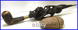 Antique Chinese Tribal Wood Hand Carved Dragon Ceremony Smoking Pipe & Holder