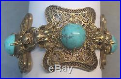 Antique Chinese Turquoise Filigree Silver Dragon Bracelet 6 3/4 Inches