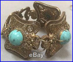Antique Chinese Turquoise Filigree Silver Dragon Bracelet 6 3/4 Inches