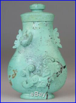 Antique Chinese Turquoise Stone Carved Vase Snuff Bottle Dragon Cover 19th