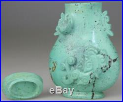 Antique Chinese Turquoise Stone Carved Vase Snuff Bottle Dragon Cover 19th