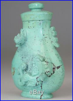 Antique Chinese Turquoise Stone Carved Vase Snuff Bottle Dragon Cover 19th