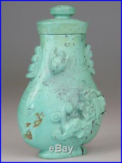 Antique Chinese Turquoise Stone Carved Vase Snuff Bottle Dragon Cover 19th