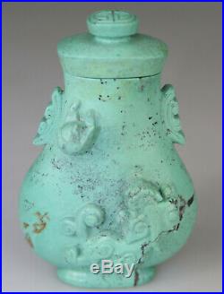 Antique Chinese Turquoise Stone Carved Vase Snuff Bottle Dragon Cover 19th