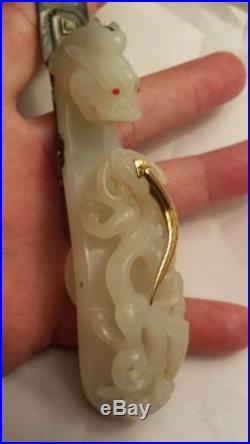 Antique Chinese White Jade Dragon Buckle 14k Gold Snake On Silver Letter Opener