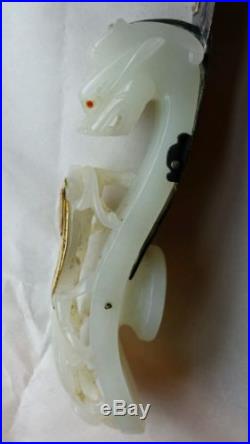 Antique Chinese White Jade Dragon Buckle 14k Gold Snake On Silver Letter Opener