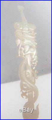 Antique Chinese White Jade Handsculpted Hairpin, Dragon Motif, 9 25 Long, Ex Cond