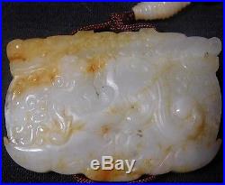 Antique Chinese White Jade Russet Carved Dragon Chimera Tablet Pendant Toggle