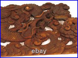 Antique Chinese Wood Carving Dragon Serpent Fire Breathing Wall Plaque Rare