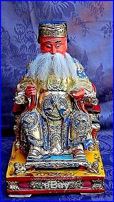 Antique Chinese Wood Lacquered Gilt Carved Emperor Statue On Dragon Thron