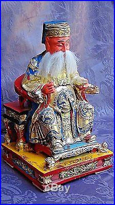 Antique Chinese Wood Lacquered Gilt Carved Emperor Statue On Dragon Thron