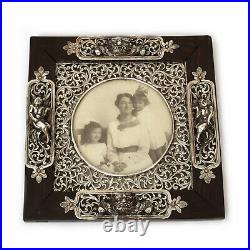 Antique Chinese Wood Picture Frame with Sterling Dragons Angels 6.25 x 6.25