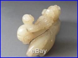 Antique Chinese Xinjiang hetian white jade statue a dragon playing with two boys