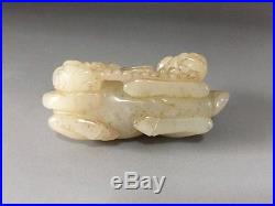 Antique Chinese Xinjiang hetian white jade statue a dragon playing with two boys