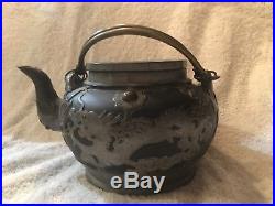 Antique Chinese YIXING Clay Teapot with Exquisite Pewter Dragon Overlay- Stamped