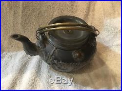 Antique Chinese YIXING Clay Teapot with Exquisite Pewter Dragon Overlay- Stamped