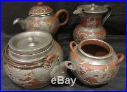 Antique Chinese Yixing Four Piece Tea Set With Pewter Dragon Mounts