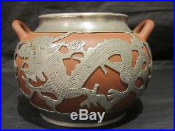 Antique Chinese Yixing Four Piece Tea Set With Pewter Dragon Mounts