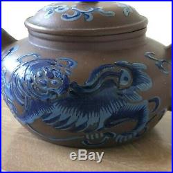 Antique Chinese Yixing Teapot Enamel Dragon or Foo Dog Signed