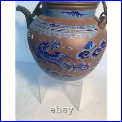Antique Chinese Yixing teapot with blue enamel Dragon pewter top 9 x 7