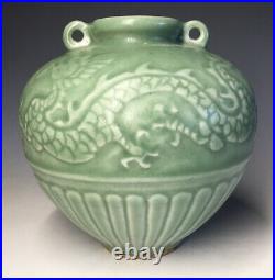 Antique Chinese Yuan Longquan Celadon Two Dragon Relief with Lotus Band Jarlet