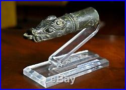 Antique Chinese Zhou Dynasty Gold & Silver Inlaid Archaic Bronze Chariot Fitting