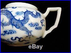 Antique Chinese blue & white porcelain teapot 5 claw dragon 8 wide 18thC SUPER