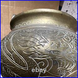 Antique Chinese dragon and phoenix pattern brass incense burner