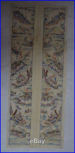 Antique Chinese embroidered silk panel- Forbidden stitch, Dragon Boats RARE