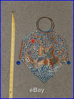 Antique Chinese embroidery purse bronze dragon handles embroidered textile art
