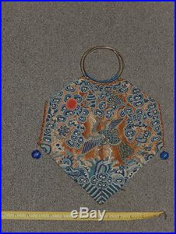 Antique Chinese embroidery purse bronze dragon handles embroidered textile art