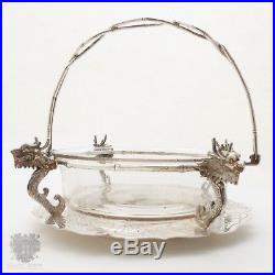 Antique Chinese export silver dragon bowl bamboo handle form basket glass liner