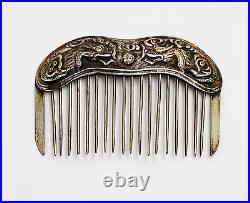 Antique Chinese export silver hair comb Dragons chasing pearl Repousse