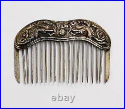 Antique Chinese export silver hair comb Dragons chasing pearl Repousse