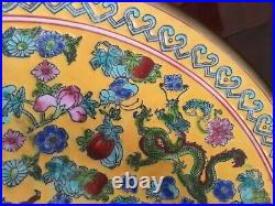 Antique Chinese famille Jaune yellow dragon plate rose 12 marked charger rare