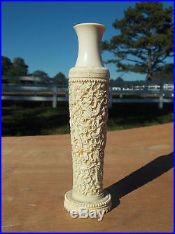 Antique Chinese finely carved bovine bone 3 piece vase with dragons