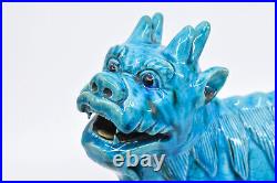 Antique, Chinese, glazed ceraamic. Blue. Dragon, Fu lion figurine, 8 x 7.5 inch