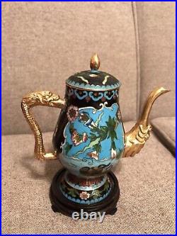 Antique Chinese gold Gilt Cloisonne Enamel Dragon Teapot Wine Pot Tea Kettle