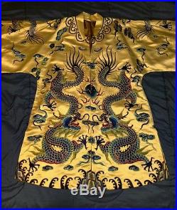 Antique Chinese hand embroidered silk robe Dragon Clouds
