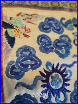 Antique Chinese intricate embroidered silk textile panel dragon waves phoenix
